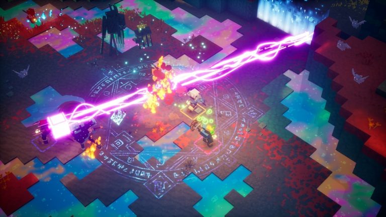 Minecraft Dungeons II Switch NSP Top-down view of heroes fighting a dark mob under a huge purple laser beam in a colorful rune-circle arena