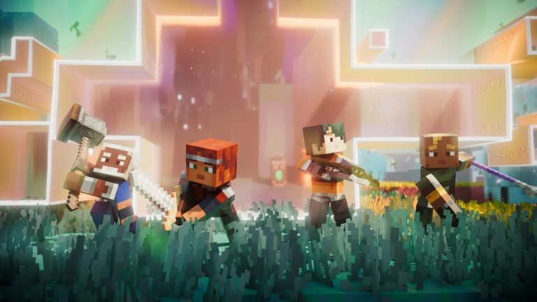 Minecraft Dungeons II Switch NSP Four blocky heroes with hammer, sword, crossbow, and spear in tall teal grass before a glowing temple