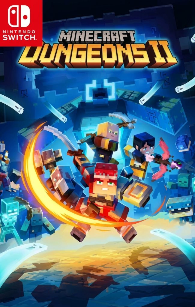 Minecraft Dungeons II Switch NSP Nintendo Switch cover art with a team of blocky heroes mid-attack against zombies and a giant ghostly foe