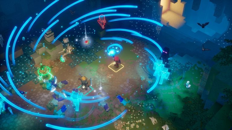 Minecraft Dungeons II Switch NSP Top-down view of a hero unleashing swirling blue energy slashes against zombies and spirits in a glowing cavern