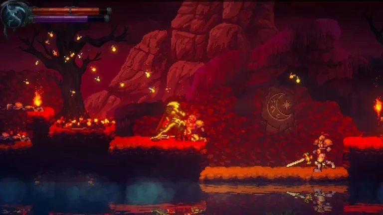 Legacy of Kain: Ascendance Switch NSP A pixel-art vampire swordsman faces a glowing golden knight on lava-lit stone platforms