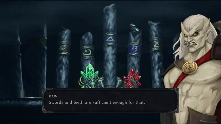 Legacy of Kain: Ascendance Switch NSP Kain speaks beside glowing rune pillars and crystal shards in a dialogue scene