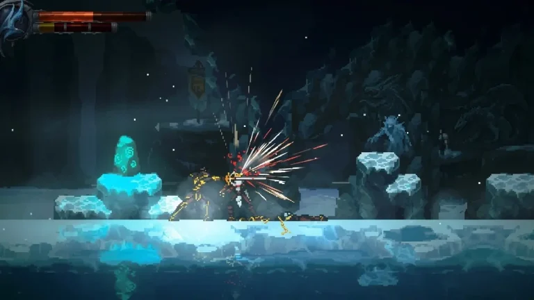 Legacy of Kain: Ascendance Switch NSP Two pixel-art warriors clash swords in a spark-filled duel inside a frozen cavern