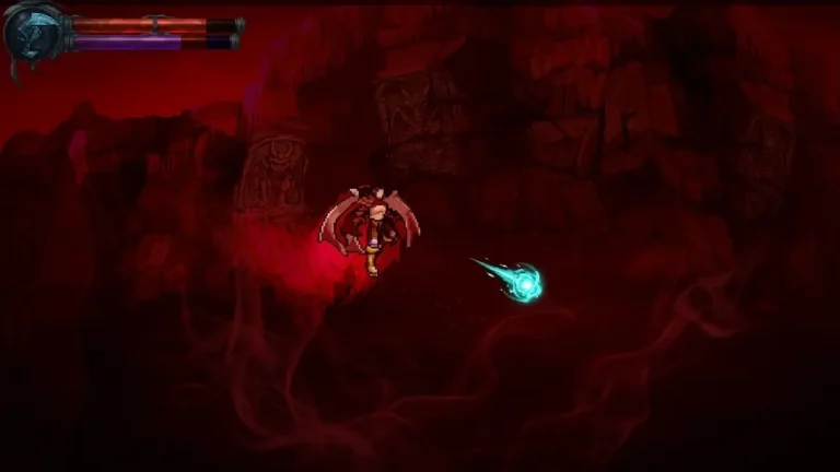 Legacy of Kain: Ascendance Switch NSP A winged vampire character dodges a glowing blue fireball in a dark red cavern