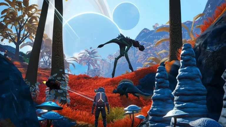 No Man’s Sky Switch NSP Astronaut watching a tall alien creature and a spiny dinosaur-like animal in red grass beneath two large planets