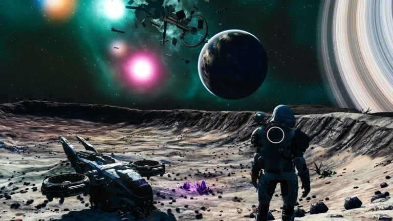 No Man’s Sky Switch NSP Astronaut standing on a rocky crater near a damaged starship, with a ringed planet and a broken space station
