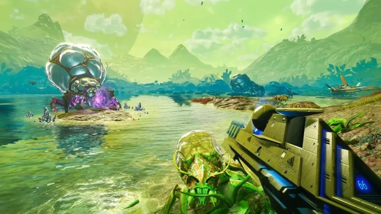 No Man’s Sky Switch NSP First-person view holding a multi-tool near a green alien lake with bulbous creatures and a landed starship