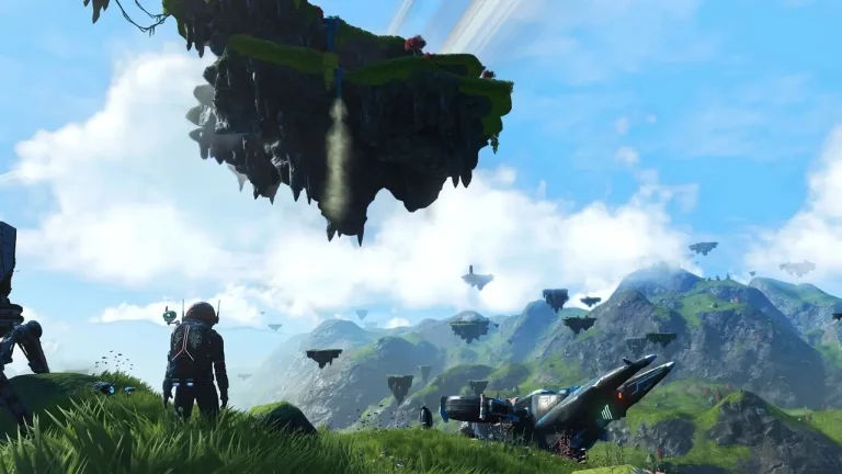 No Man’s Sky Switch NSP Astronaut on a grassy hill looking at huge floating rock islands in a blue sky with a landed starship nearby