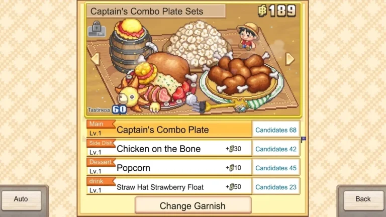 One Piece: Grand Gourmet Switch NSP menu screen showing the Captain’s Combo Plate with chicken, popcorn, and a Straw Hat Strawberry Float