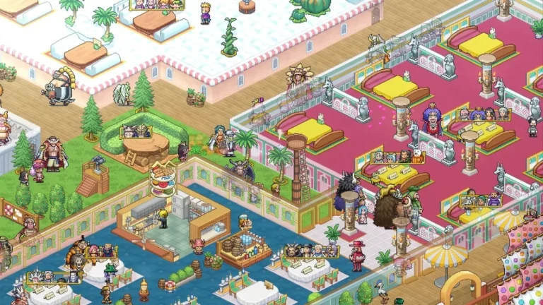 One Piece: Grand Gourmet Switch NSP Pixel-art restaurant in One Piece Grand Gourmet filled with customers from the series, kitchen, dining tables, and themed seating areas