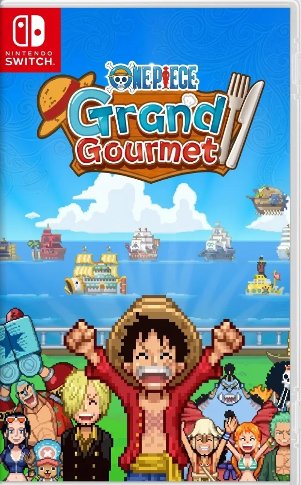 One Piece: Grand Gourmet Switch NSP Nintendo Switch cover art showing a cheering Luffy and the Straw Hat crew in pixel art with ships behind them