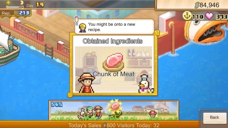 One Piece: Grand Gourmet Switch NSP screen showing Luffy and Sanji’s new recipe hint after obtaining a Chunk of Meat ingredient