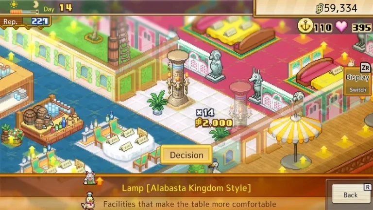 One Piece: Grand Gourmet Switch NSP decoration screen placing an Alabasta Kingdom Style lamp in a pink and gold themed restaurant floor
