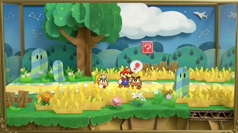 Paper Mario: The Thousand-Year Door Switch NSP Mario and Goombella explore a golden paper-craft meadow with a question block and ghost enemies.