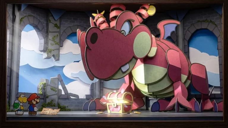 Paper Mario: The Thousand-Year Door Switch NSP Mario and a Koopa ally face a giant pink paper-craft dragon guarding a treasure chest.