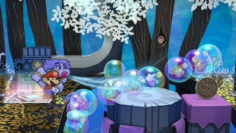 Paper Mario: The Thousand-Year Door Switch NSP Mario and a purple partner solve a floating bubble puzzle in a shadowy paper-craft forest.