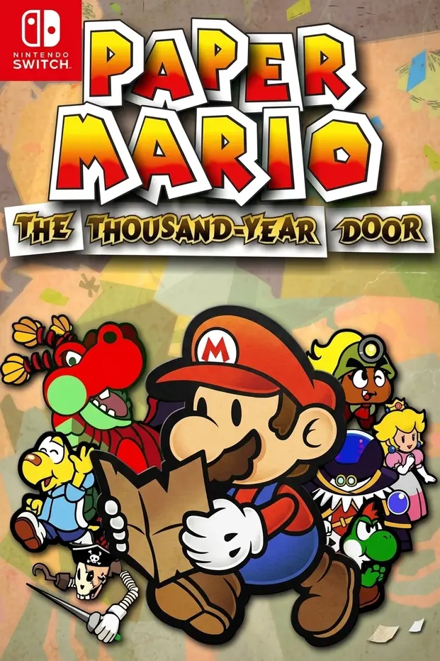 Paper Mario: The Thousand-Year Door Switch NSP Nintendo Switch cover art for Paper Mario: The Thousand-Year Door featuring Mario and his party of allies.