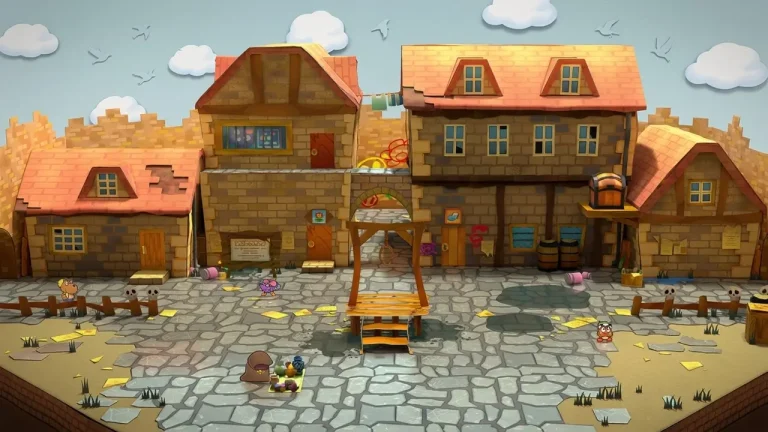 Paper Mario: The Thousand-Year Door Switch NSP Paper-craft buildings and small characters fill the worn town square of Rogueport.
