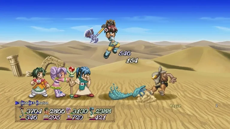 Tales of Eternia Remastered Switch NSP battle screen with four party members in a desert, a leaping axe fighter, damage numbers, and HP and TP stats