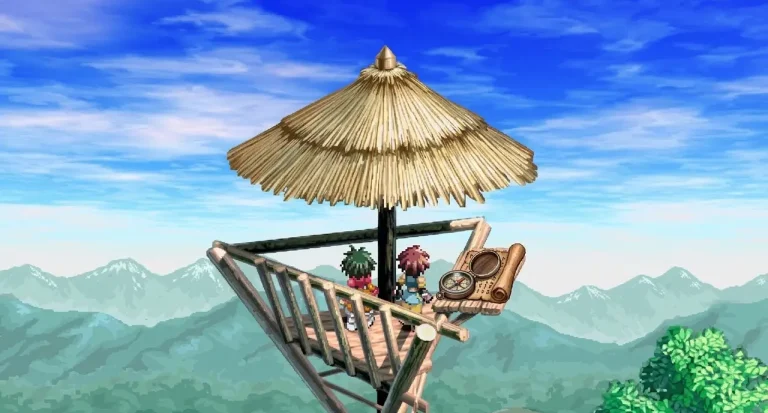Tales of Eternia Remastered Switch NSP Two characters on a wooden lookout platform under a thatched roof with a compass and map, overlooking blue mountains