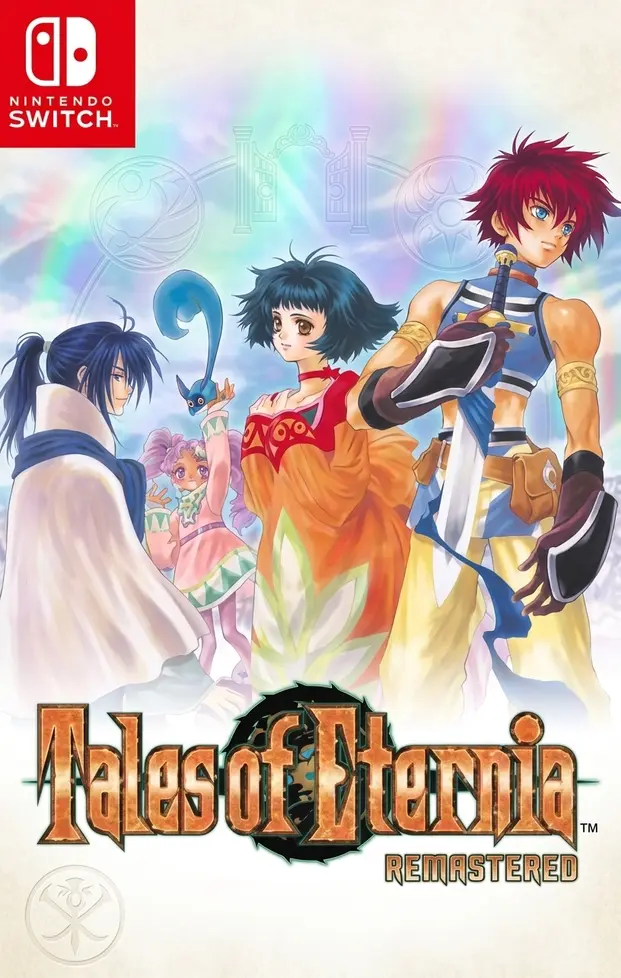 Tales of Eternia Remastered Switch NSP Nintendo Switch cover art showing the main party with a red-haired swordsman and a small blue creature under a rainbow sky