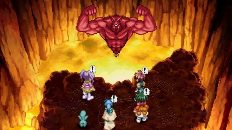 Tales of Eternia Remastered Switch NSP Pixel-art party standing on a rune-carved ledge facing a giant red muscular demon above a glowing lava pool