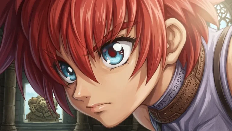 Tales of Eternia Remastered Switch NSP Close-up anime artwork of a red-haired young hero with blue eyes and a runic collar