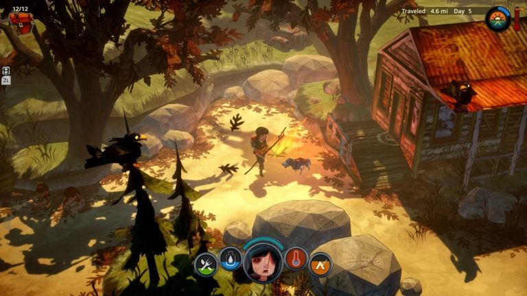 The Flame in the Flood Switch NSP gameplay showing the heroine and her dog beside a wooden cabin among autumn trees, with crows and survival meters