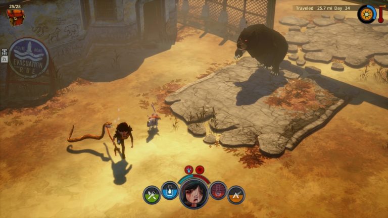 The Flame in the Flood Switch NSP The heroine with her dog and a snake near an evacuation route sign as a large black bear stands on a stone slab