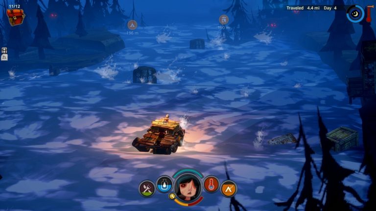 The Flame in the Flood Switch NSP Raft with a lantern light moving across dark blue floodwater at night while red eyes glow in the forest