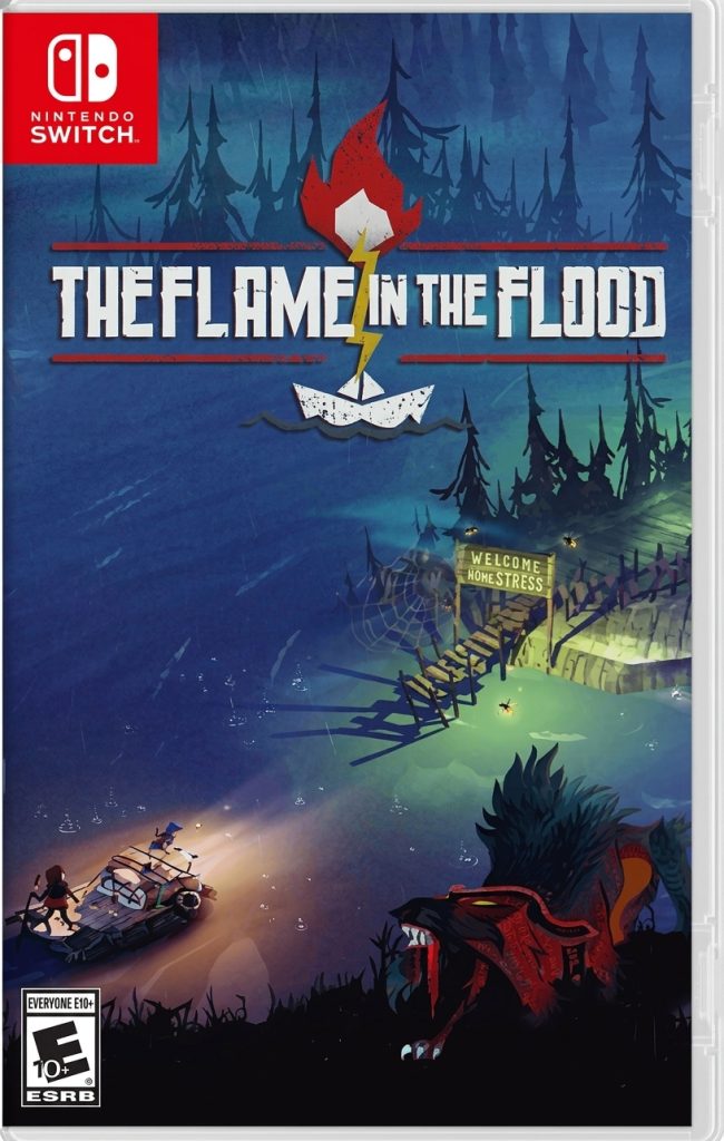 The Flame in the Flood Switch NSP Nintendo Switch box art with a raft on a flooded river, a wooden welcome sign, and a red wolf-like beast