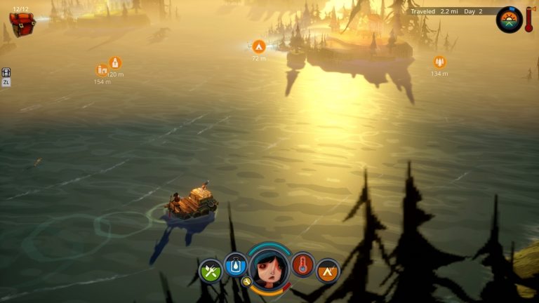 The Flame in the Flood Switch NSP A small raft drifting across a flooded river toward distant islands at golden sunset