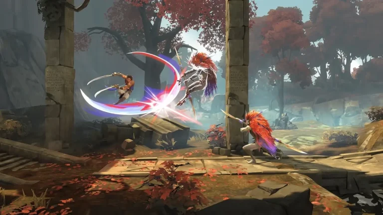 The Rogue Prince of Persia Switch NSP The Prince striking a feathered warrior with a swirling dual-blade slash among red autumn trees and stone ruins