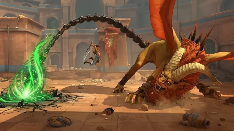 The Rogue Prince of Persia Switch NSP The Prince leaping with twin blades over a green energy burst to attack a horned winged beast with a spiked tail in an arena