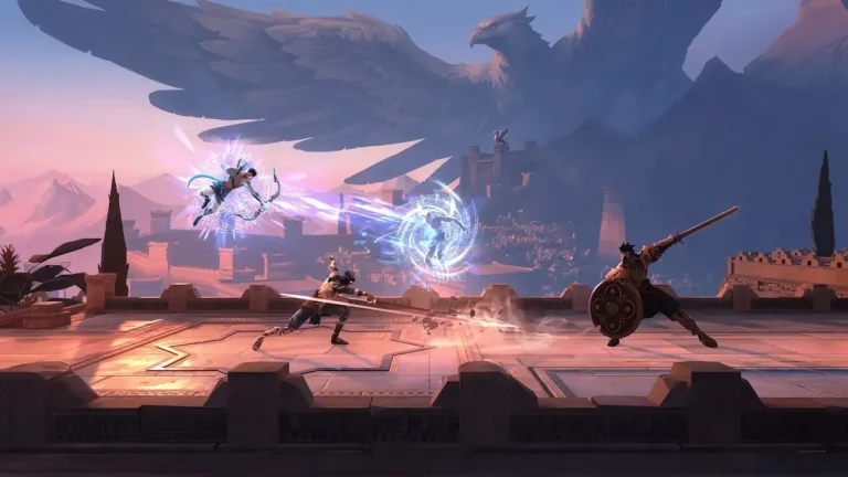The Rogue Prince of Persia Switch NSP Three fighters battling on a palace rooftop with magical energy effects beneath a giant eagle silhouette in a mountain city