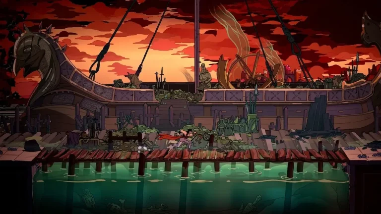The Rogue Prince of Persia Switch NSP The Prince running along a wooden dock beside a wrecked ship under a blood-red sunset sky