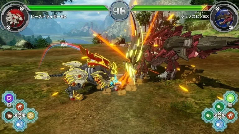 Zoids Wild: Infinity Blast Switch NSP Golden Beast Liger EX unleashes a fiery attack on red Geno Spino EX in a grassy field