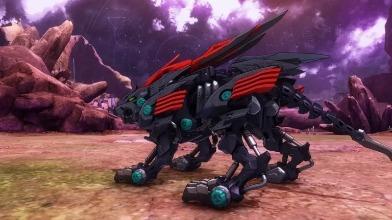 Zoids Wild: Infinity Blast Switch NSP A sleek black and red lion-type Zoid stands under a stormy purple sky.