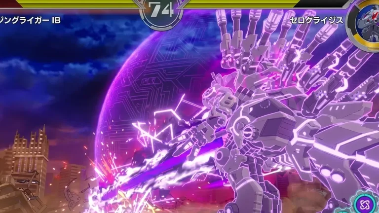 Zoids Wild: Infinity Blast Switch NSP Rising Liger clashes with the spiky purple mech Cerograis in a city battle